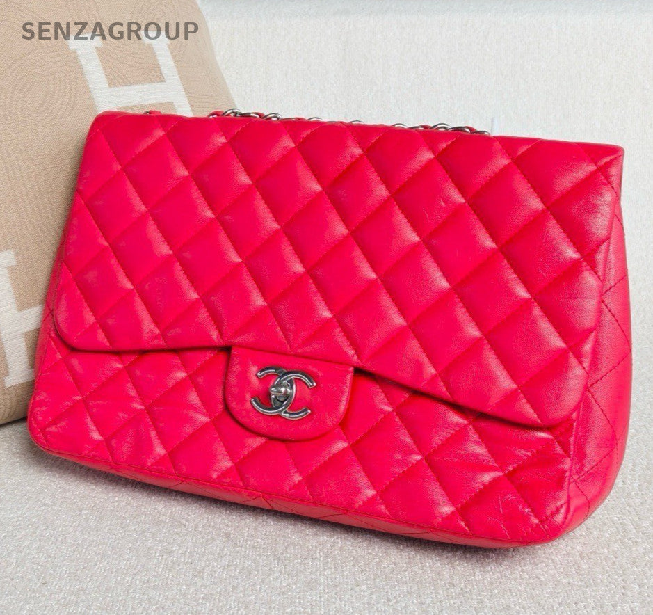 Chanel Classic Flap Jumbo Lambskin Chain Shoulder Crossbody Red Silver Women