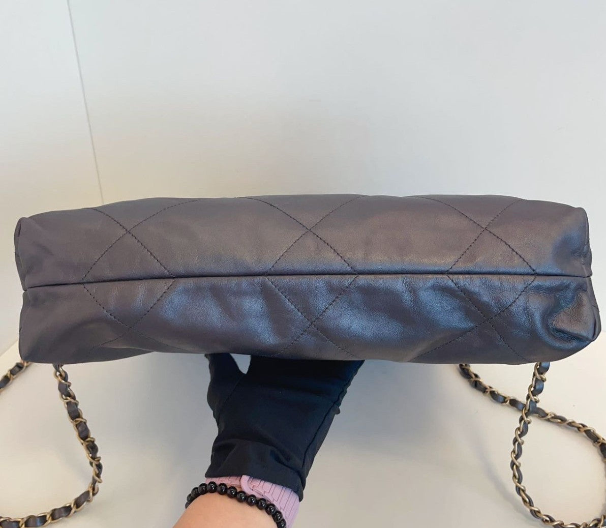 Chanel 222Bag Diamond Chain Backpack Gray Gold Used Women Classic