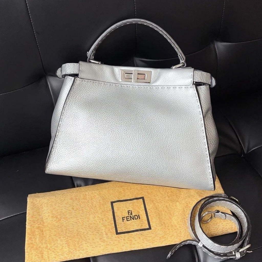Authentic Fendi Peekaboo Calfskin Top Handle Crossbody Bag Silver SHD