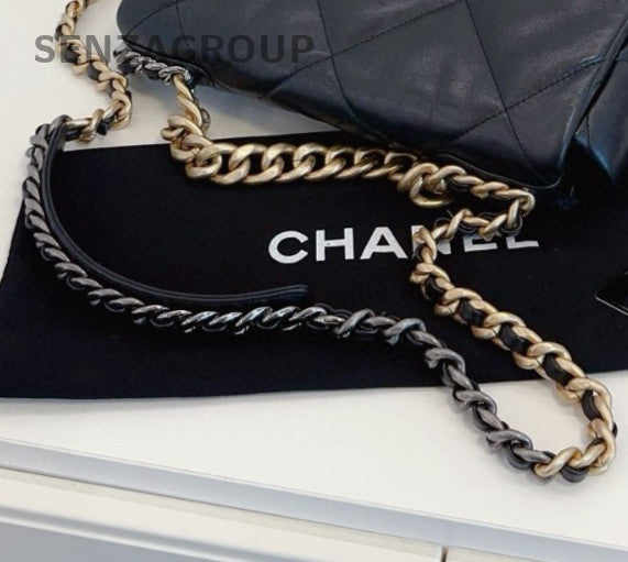Chanel 19Bag MM Chain Top Handle Shoulder Crossbody Black Gold Women Classic