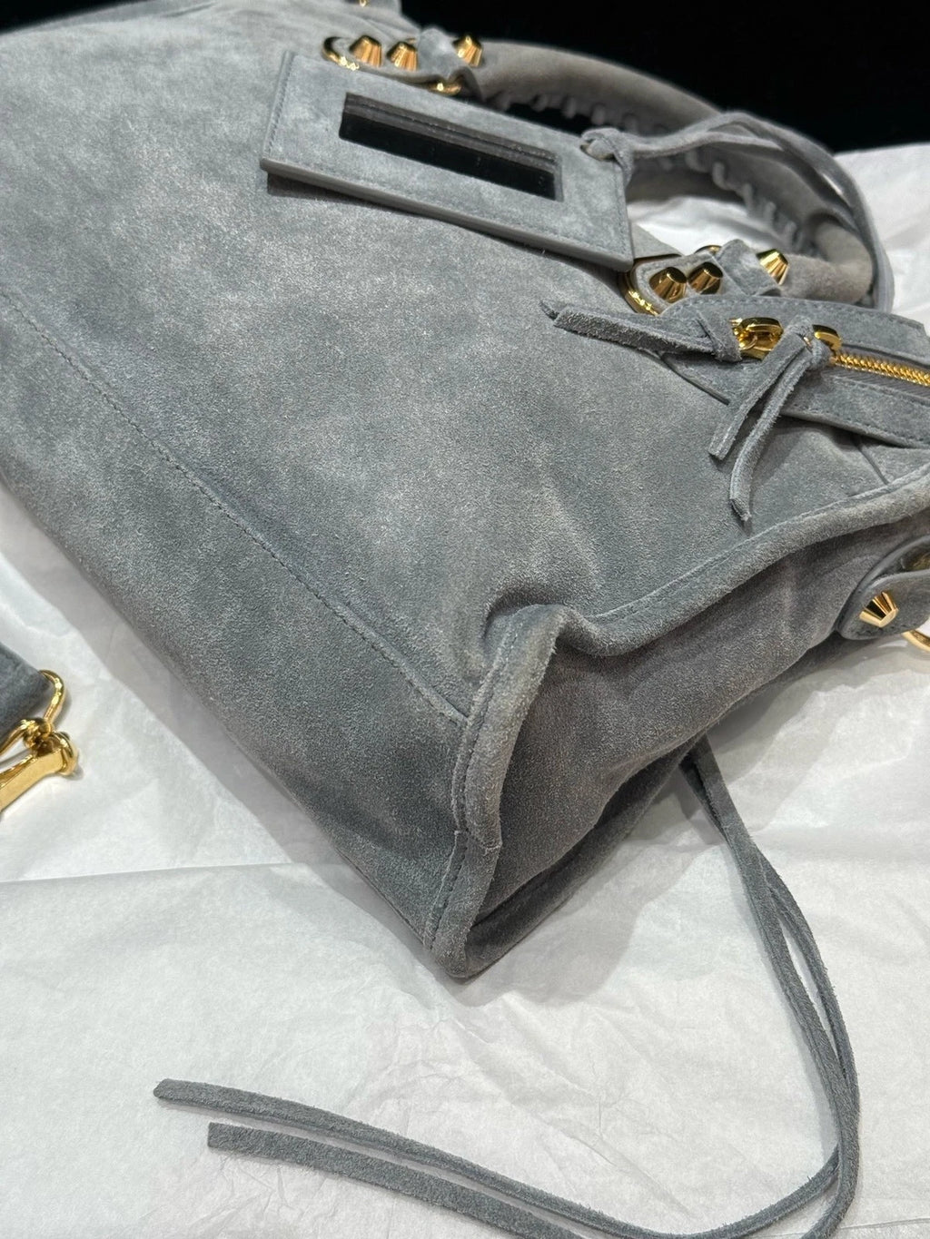 Balenciaga Le City Suede Top Handle Crossbody Gray Gold Women Classic