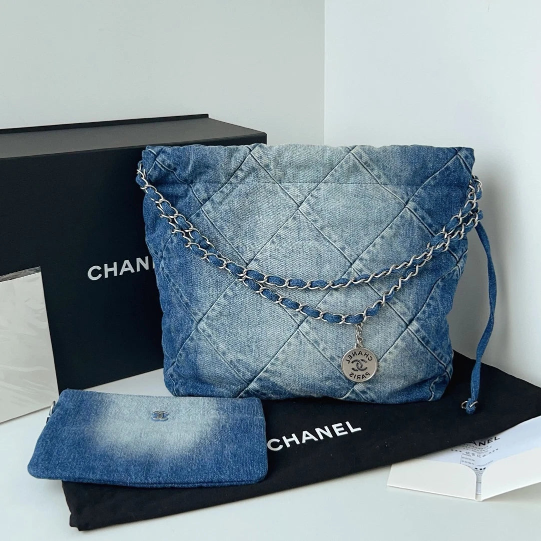 Excellent Chanel 22Bag PM Blue Denim Silver Chain Shoulder Bag Crossbody
