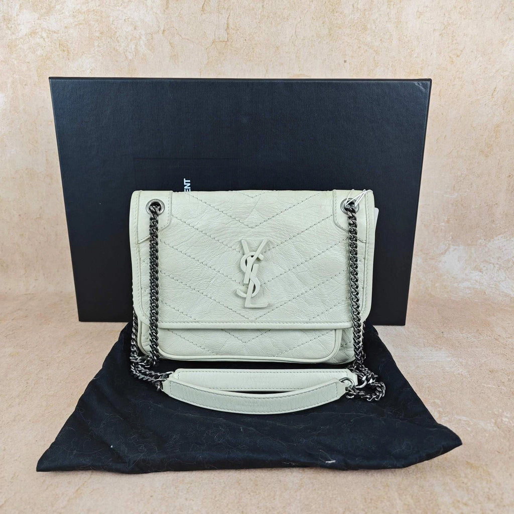 YSL Niki Small White Wax Leather Shoulder Crossbody Bag For Women