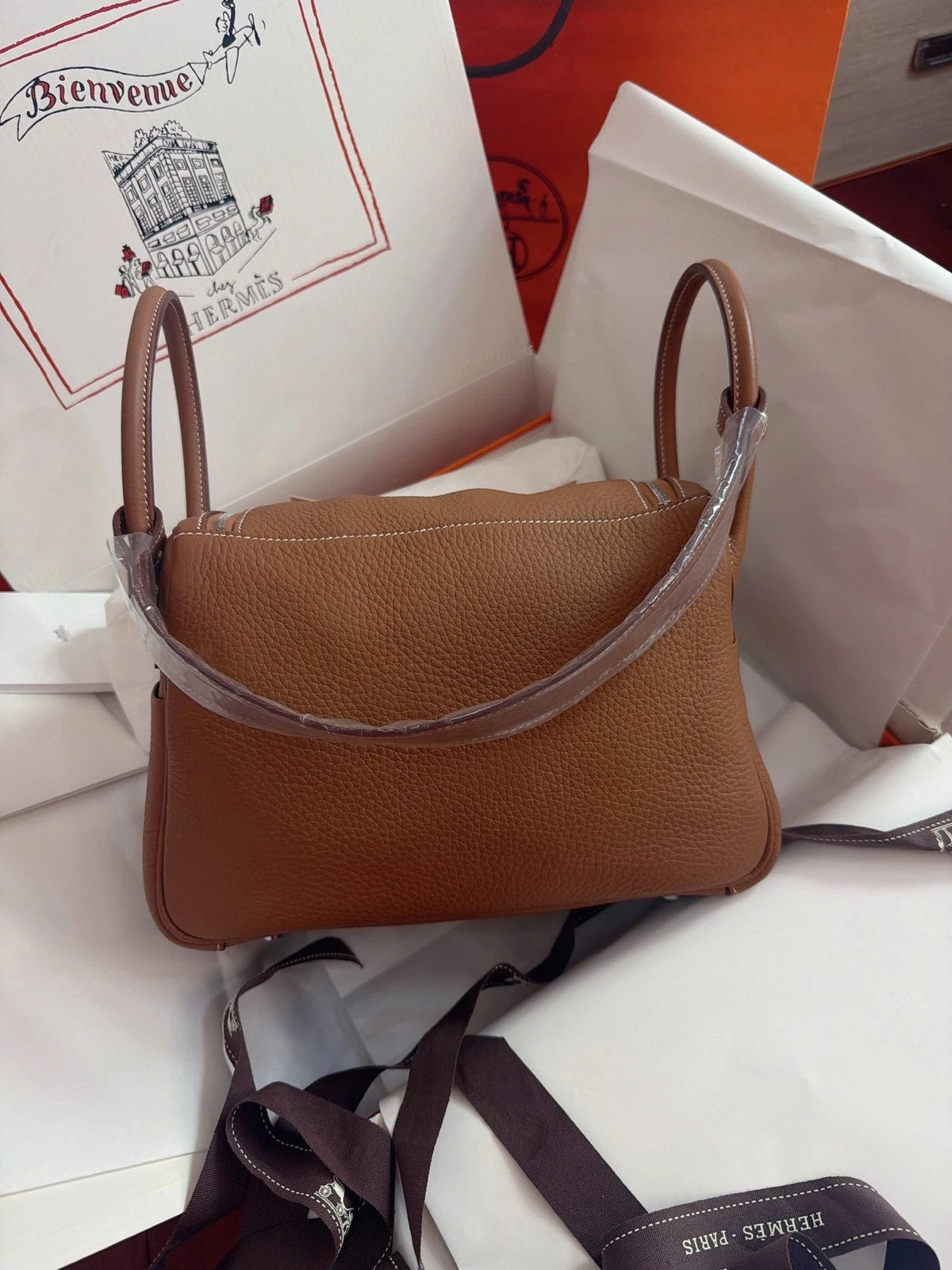 New Hermes Lindy26 Togo Leather Brown Handbag Shoulder Bag Silver Hardware