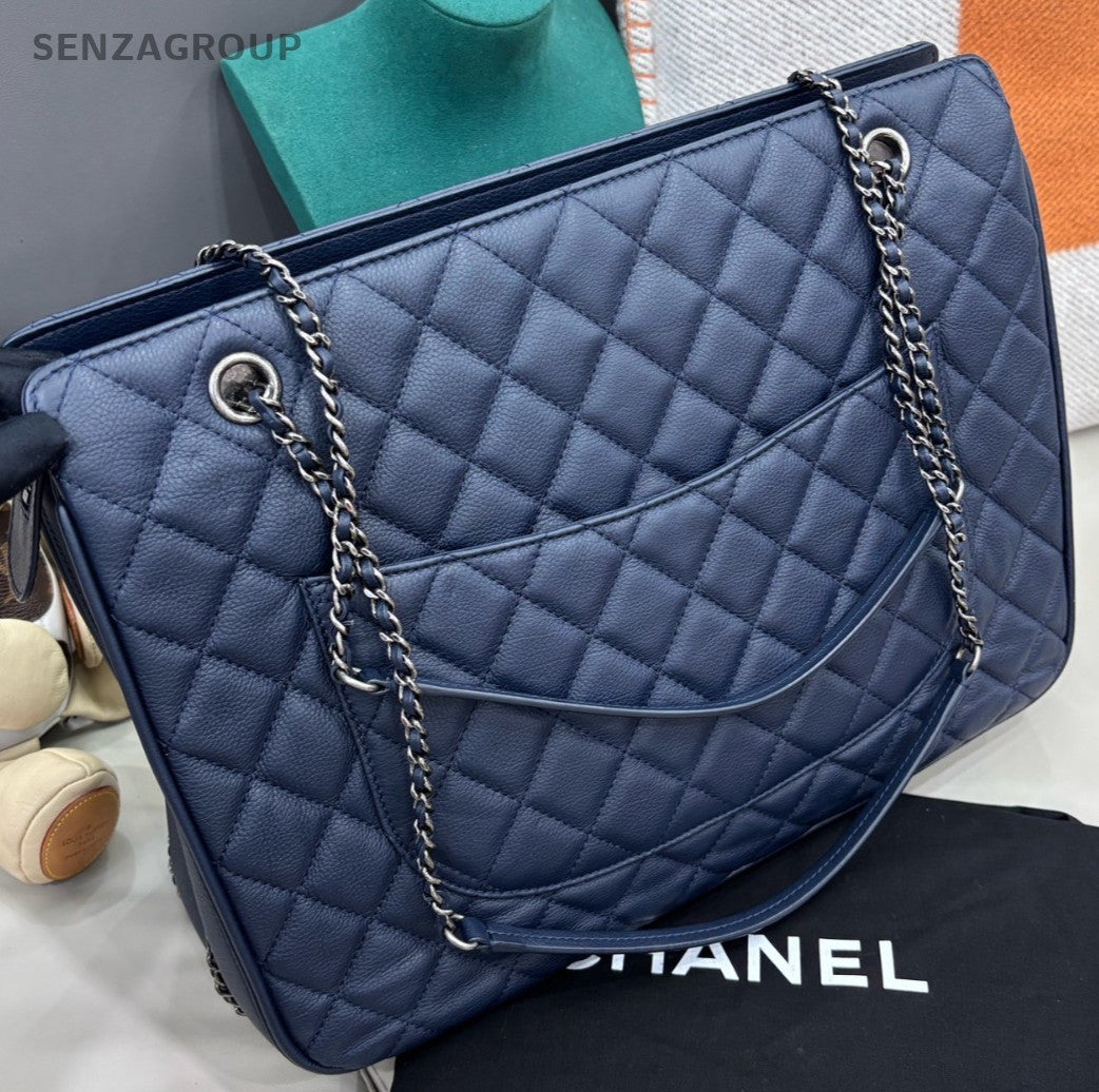 Chanel Tote Chain Shoulder Bag Blue Silver Diamond Women Classic