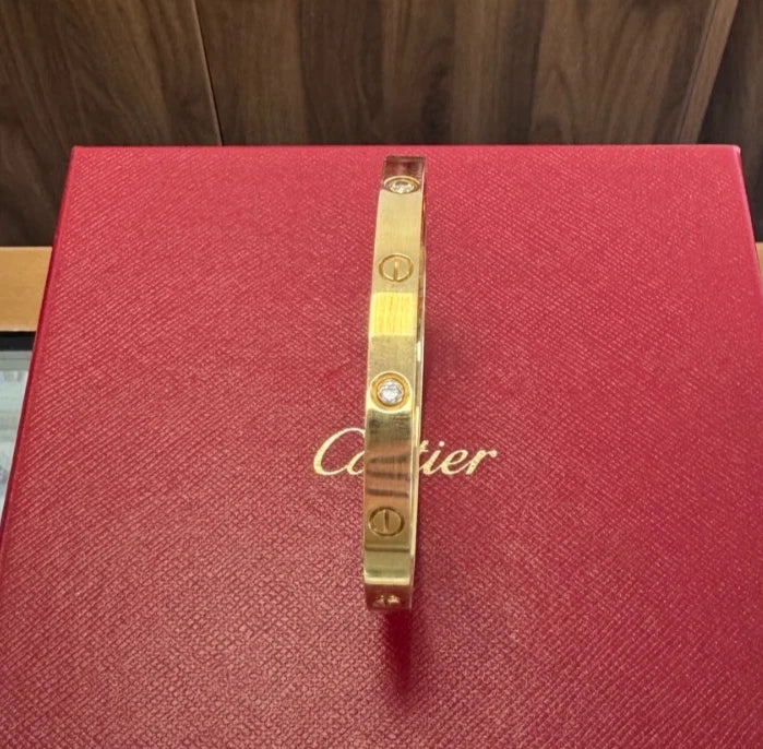 Cartier Love Classic Bracelet 4 Diamonds 18K Yellow Gold Double Screw Bangle
