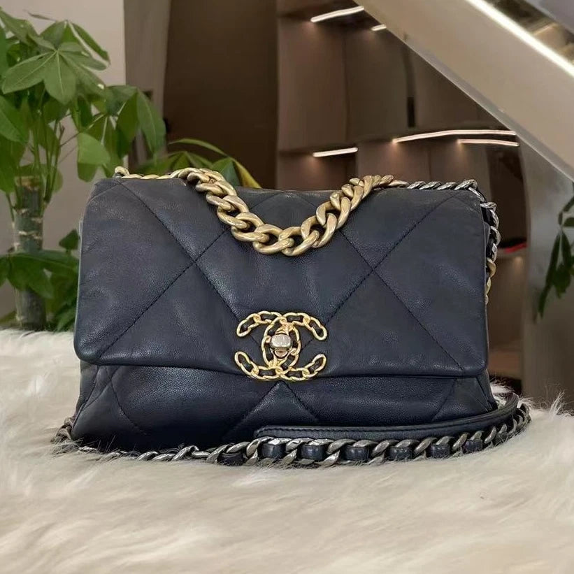 Chanel 19 Small Chain Shoulder Bag Black Gold Classic Women's