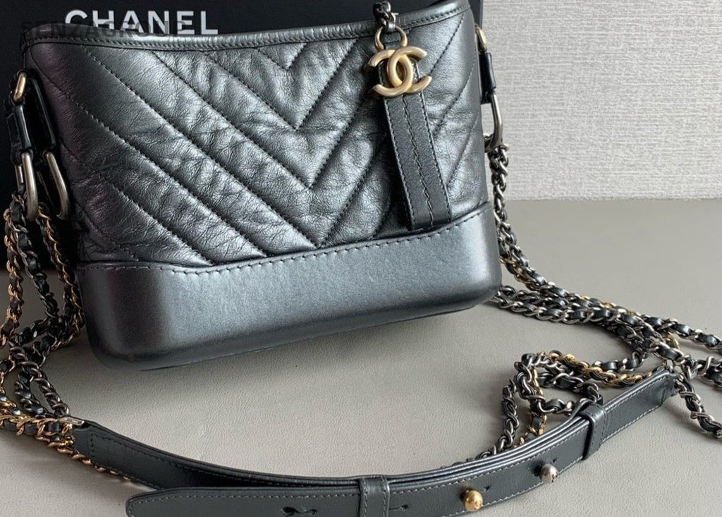 Chanel Gabrielle PM Calfskin V-Quilted Hobo Shoulder Crossbody Bag Black Women