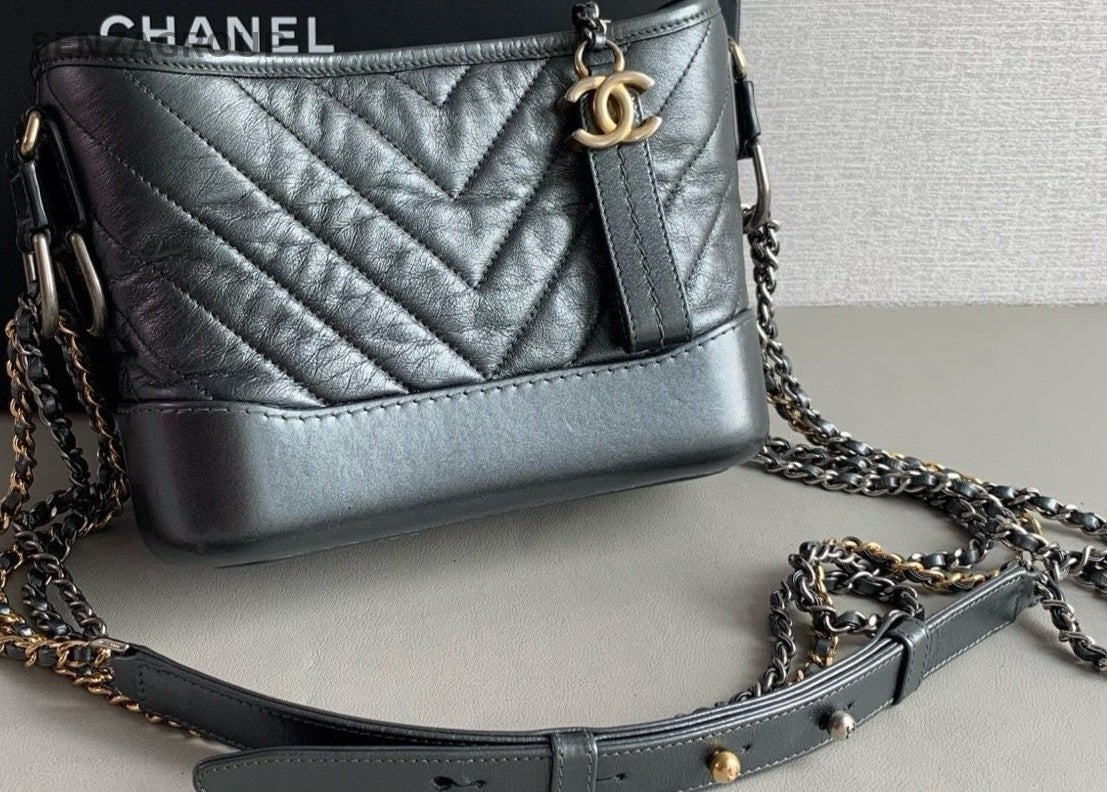 Chanel Gabrielle PM Calfskin V-Quilted Hobo Shoulder Crossbody Bag Black Women