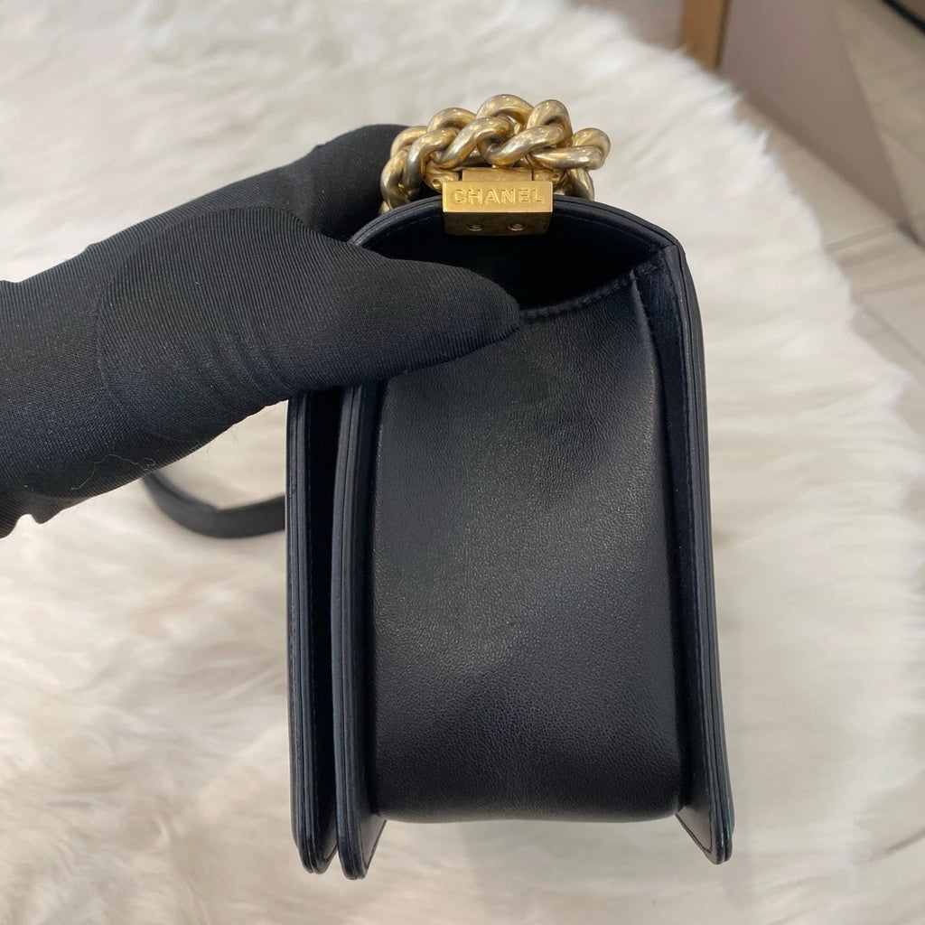 Chanel Le Boy Medium Black Gold Chain Shoulder Crossbody Bag Classic