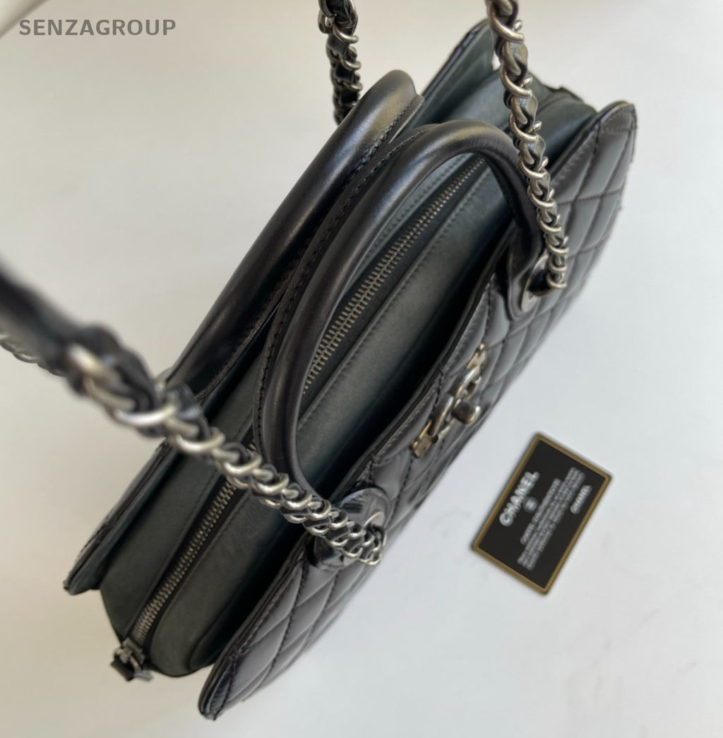 Chanel Diamond Chain Satchel Top Handle Shoulder Bag Black Silver Women Classic