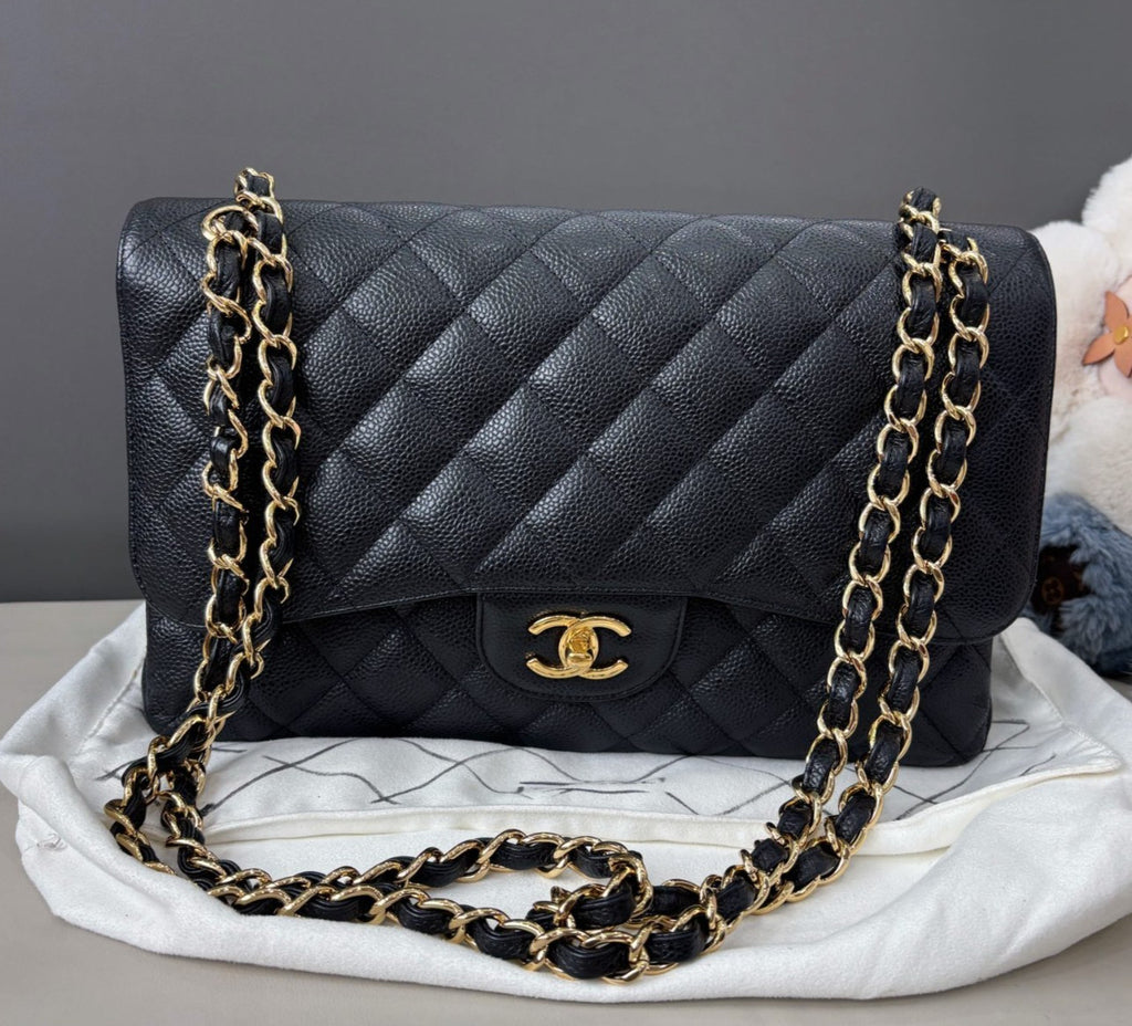 Chanel Classic Flap Jumbo Calfskin Chain Shoulder Bag Black Gold Women Fashion