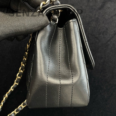 Chanel V-Stitch Square Mini Flap Bag Black Gold Chain Shoulder Crossbody