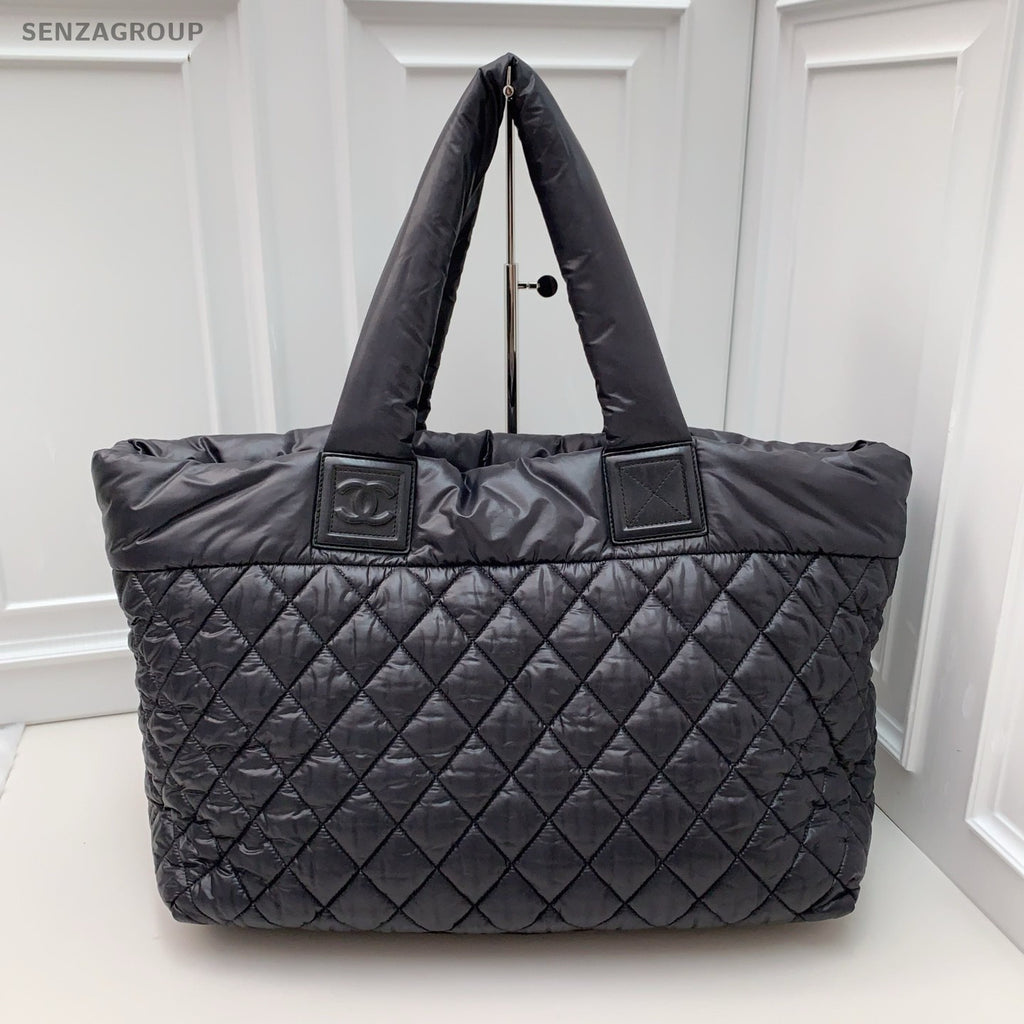 CHANEL Tote Puffer Nylon Diamond Pattern Black  Silver Women Handbag