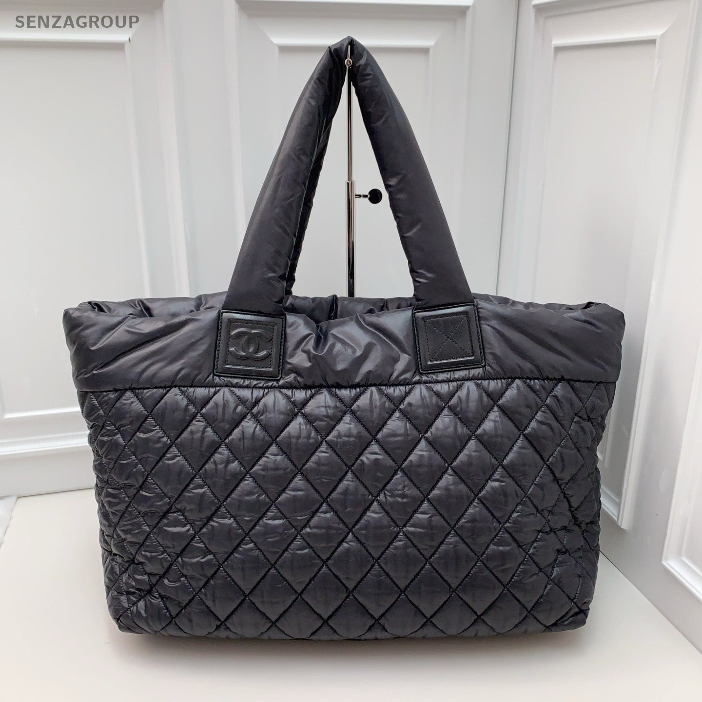 CHANEL Tote Puffer Nylon Diamond Pattern Black  Silver Women Handbag