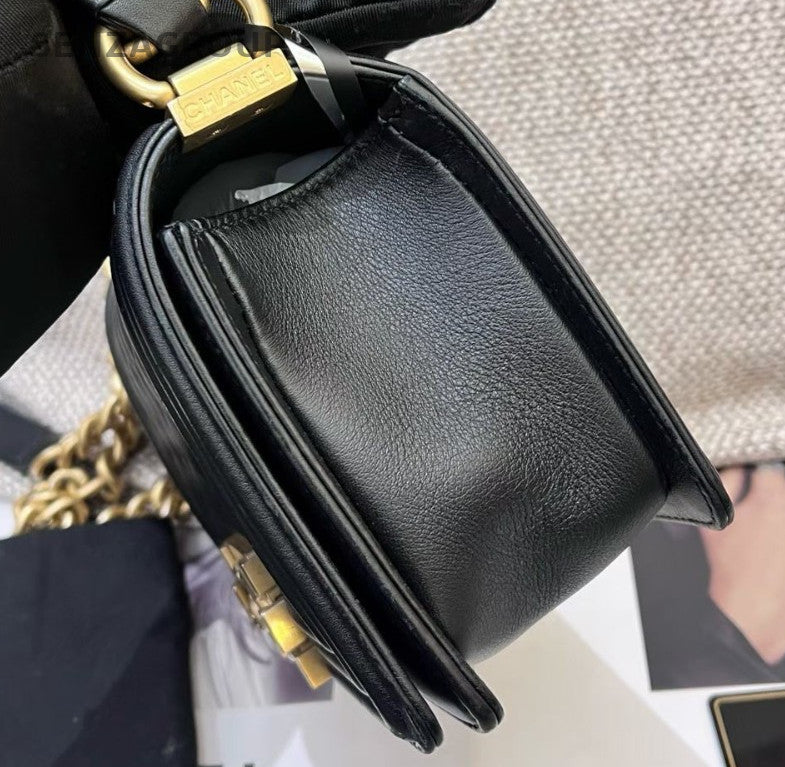Chanel Leboy PM Calfskin Chain Shoulder Bag Crossbody Black Gold Women Classic