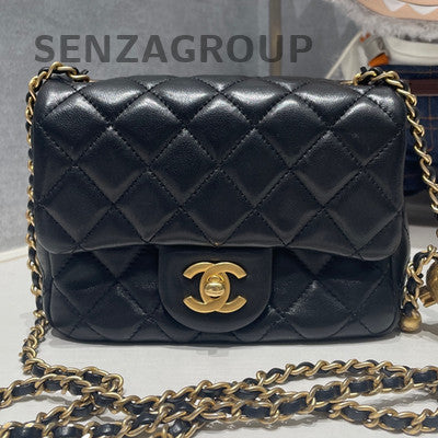 Chanel Classic Black Gold Quilted Mini Square Flap Bag with Ball Chain