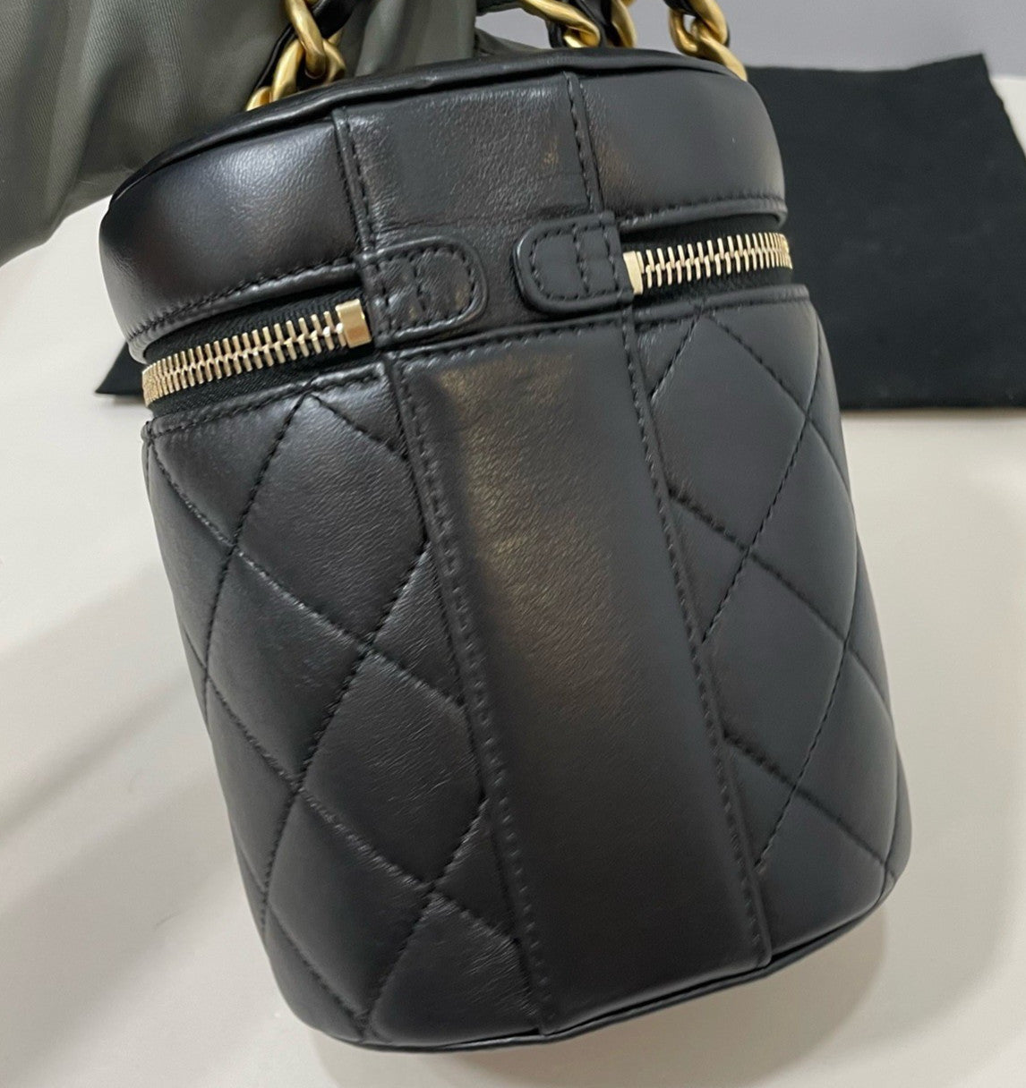 Chanel Diamond Chain Lambskin Cylinder Bag Crossbody Black Gold Women Classic
