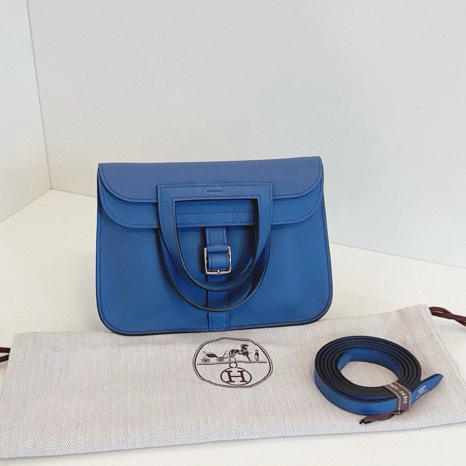 Hermes Halzan Mini Top Handle Crossbody Blue Silver Women Classic Fashion