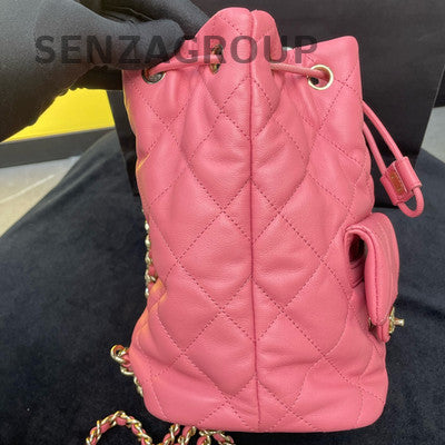 Chanel Quilted Pink Drawstring Chain Backpack Gold Hardware Women's Fashion