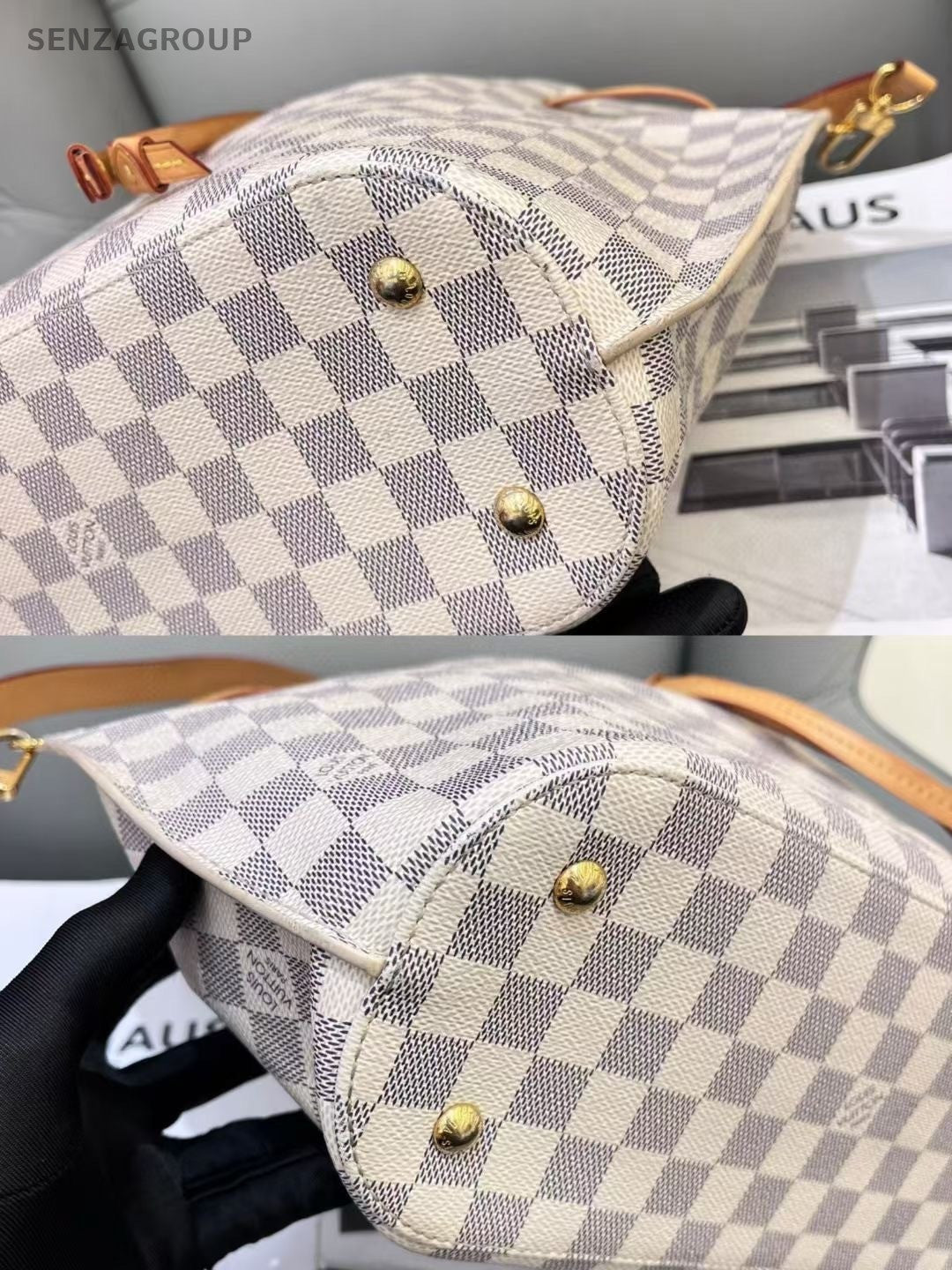 Louis Vuitton Girolata White Damier Azur Drawstring Bucket Top Handle Bag Brown