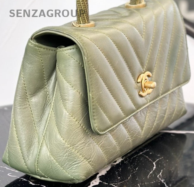 Chanel Cocohandle PM Calfskin Top Handle Bag Crossbody Green Gold Women Classic