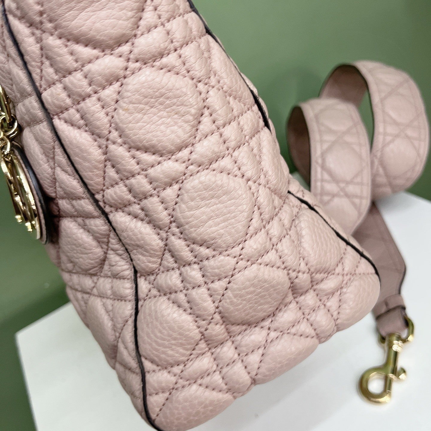 Christian Dior Lady Dior Cannage Top Handle Crossbody Pink Gold Women Classic