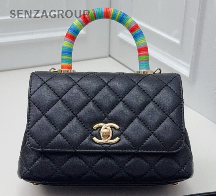 Chanel Coco Mini Top Handle Chain Shoulder Bag Crossbody Black Gold Women
