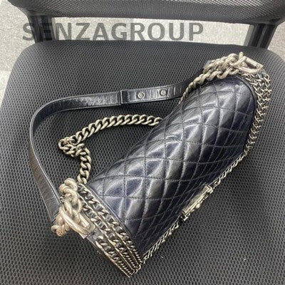 Chanel Le Boy Medium Black Silver Calfskin Quilted Shoulder Bag Classic