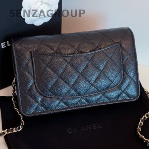 Chanel WOC Chain Diamond Crossbody Shoulder Bag Black Gold Used Women Fashion