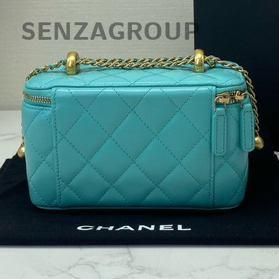 Chanel Quilted Blue Gold Leather Vanity Case Handbag Shoulder Bag