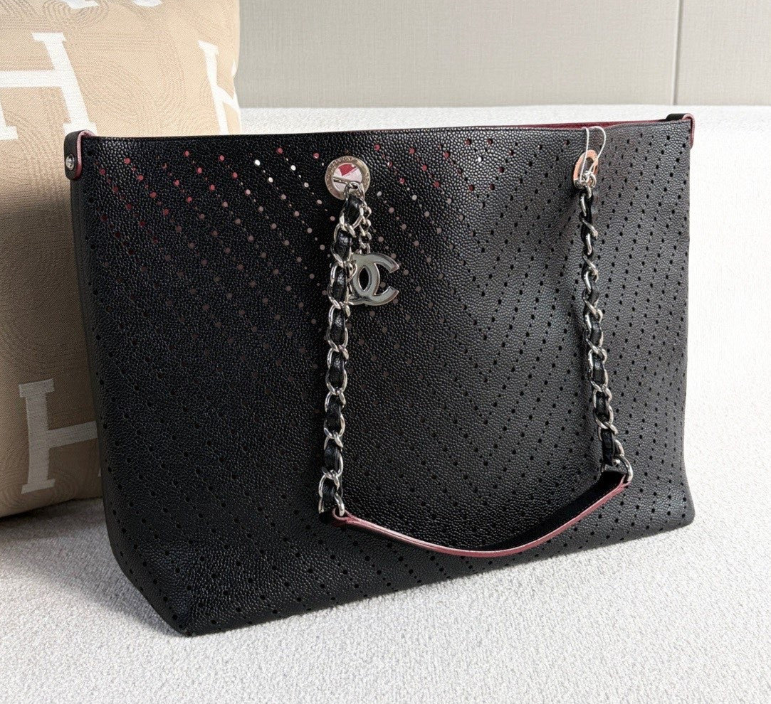 Chanel Shopping Tote Chain Shoulder Bag Black Silver Used Women Classic Fashion