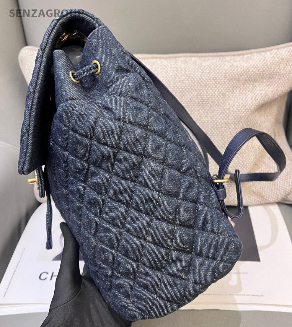 Chanel Denim Salzburg Backpack Blue Gold Women Classic Fashion Diamond