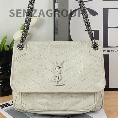 Saint Laurent Niki Chain Shoulder Crossbody Bag Silver White Classic Women