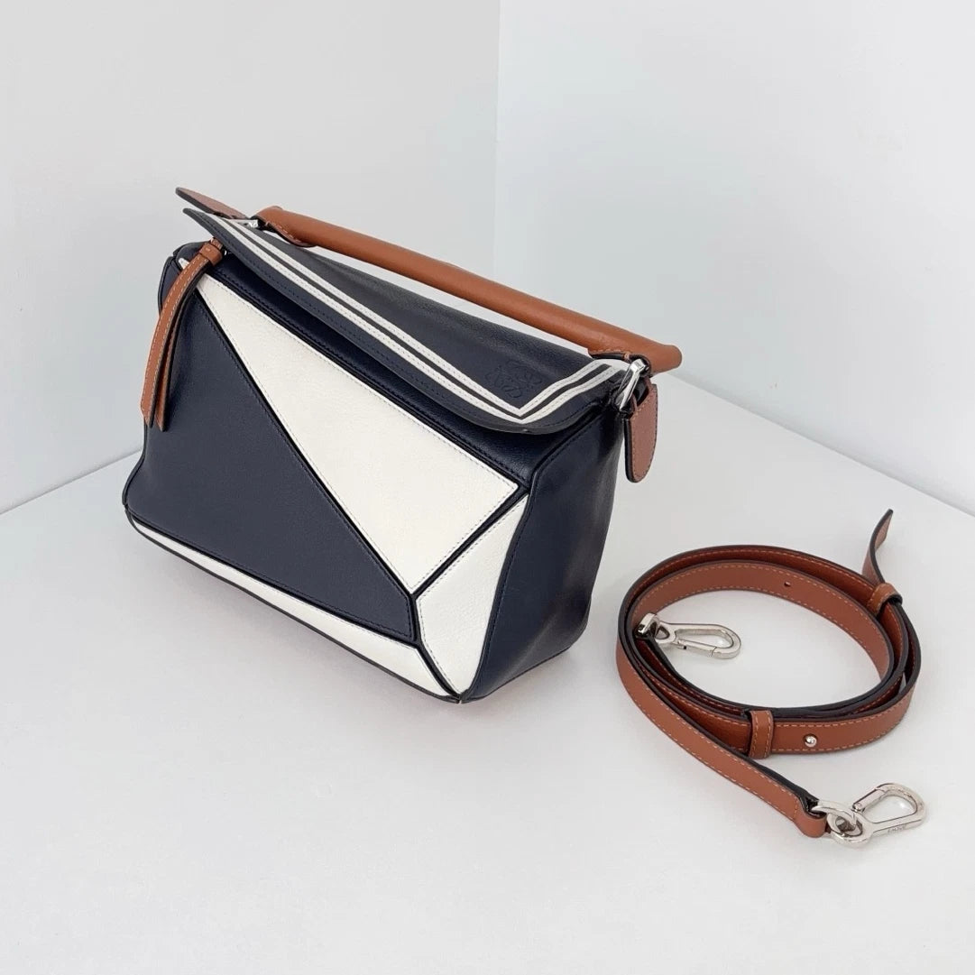Authentic Loewe Puzzle MM Navy Top Handle Bag Crossbody Silver Hardware