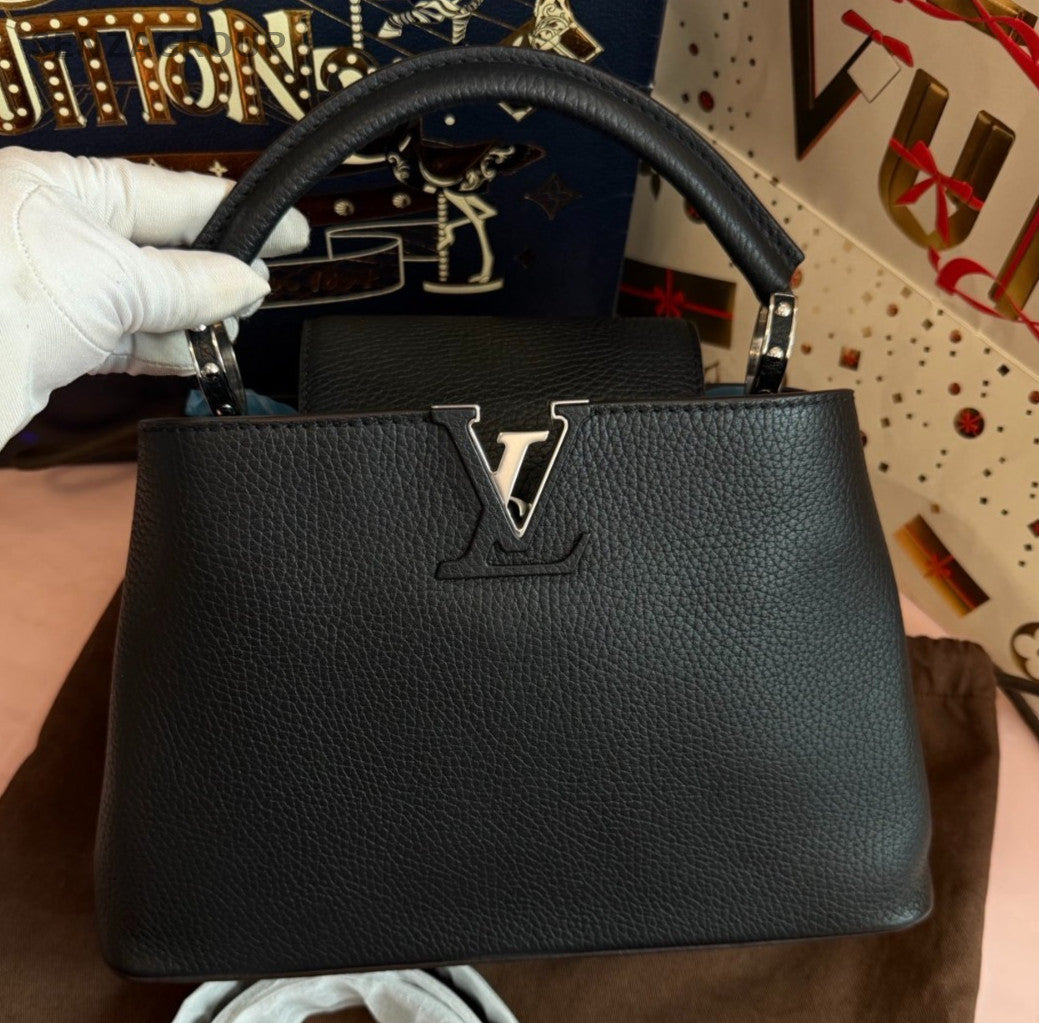 Louis Vuitton Capucines BB Calfskin Top Handle Bag Crossbody Black Silver Women