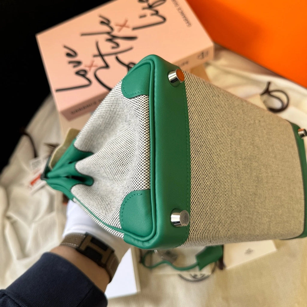 Hermes Birkin25 Canvas Green Silver Handbag For Women