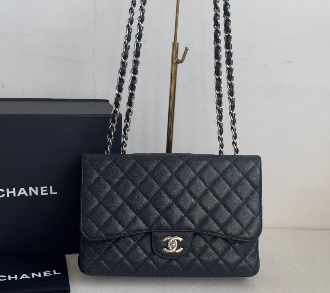 Chanel Classic Flap Jumbo Chain Shoulder Bag Crossbody Black Silver Women