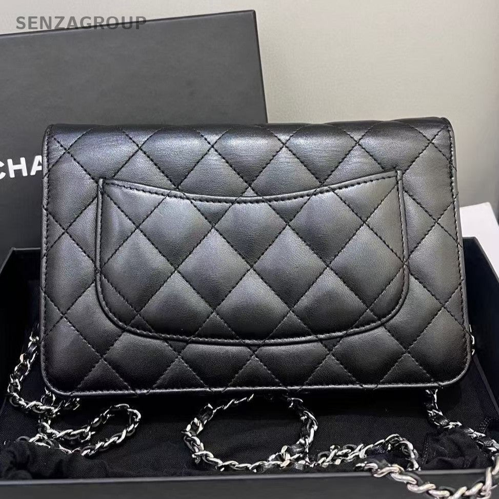 Chanel Black Lambskin WOC Quilted Chain Shoulder Crossbody Bag Classic