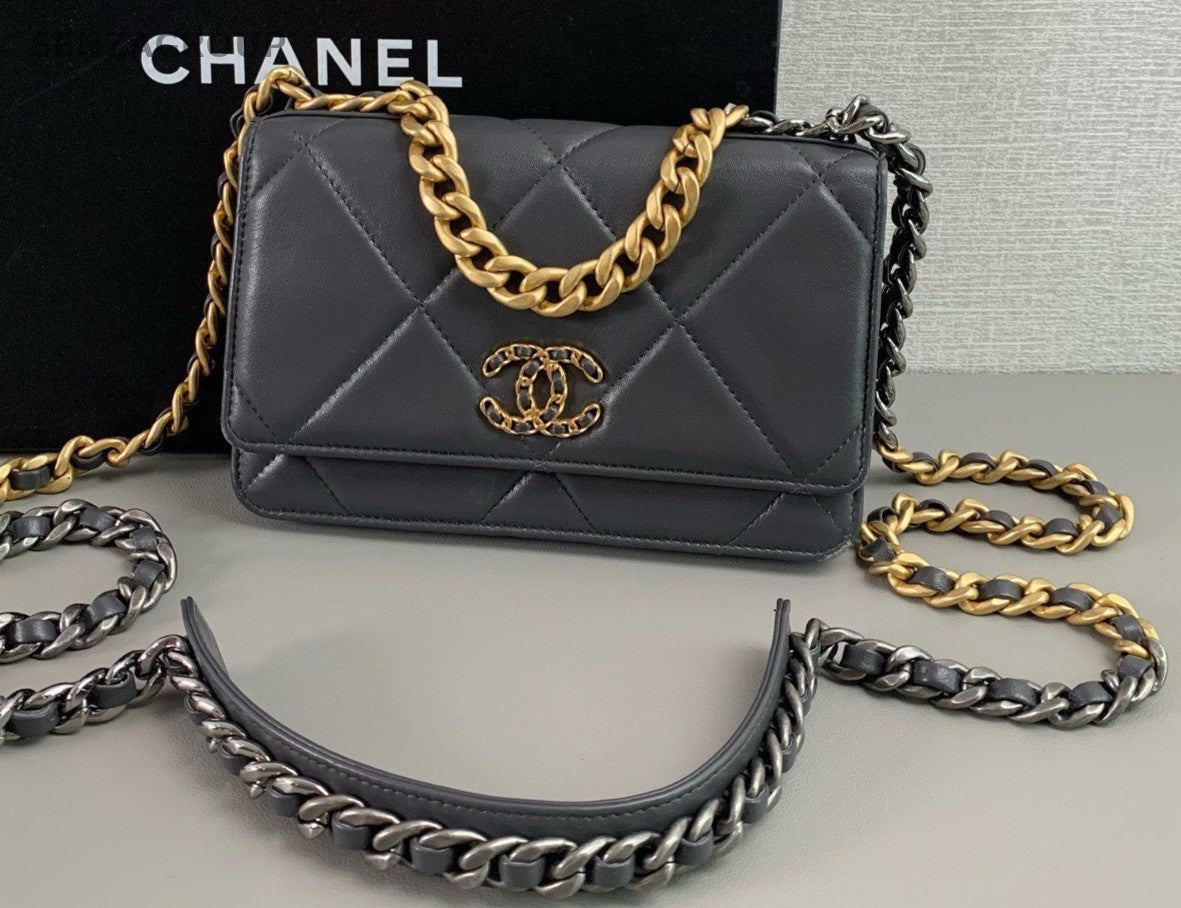 Chanel 19bag Woc Lambskin CC Chain Shoulder bag Dark Gray Gold Women Classic