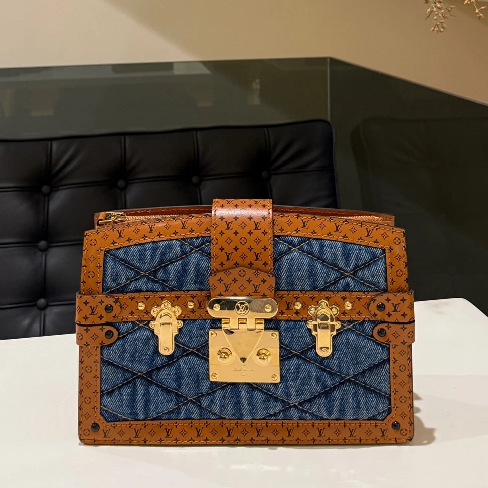 Louis Vuitton Denim Soft Trunk Blue Brown Crossbody Bag Women