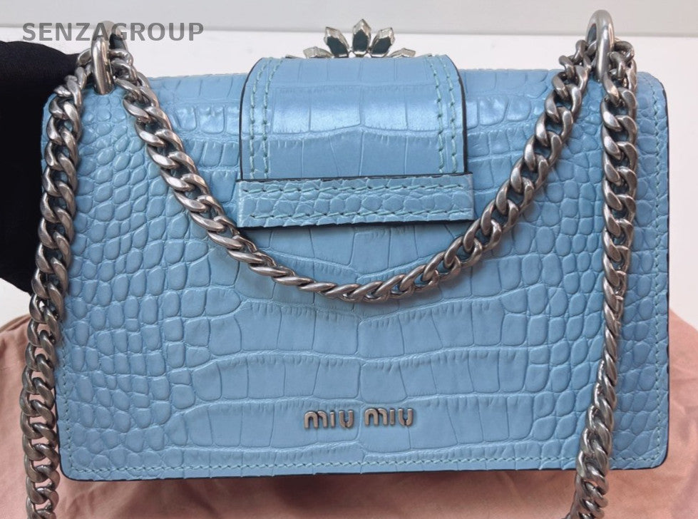 Miumiu miulady Clafskin Water Blue crystal Chain Strap Shoulder bag Brand NEW