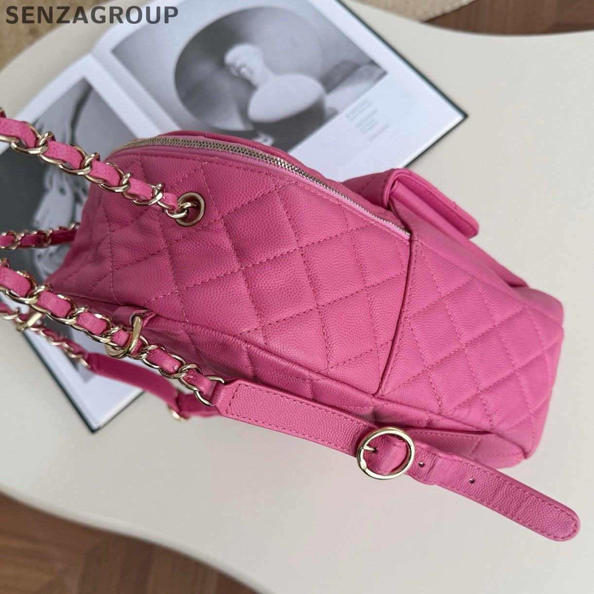 Chanel Diamond Chain Backpack Pink Gold Classic Fashion Women