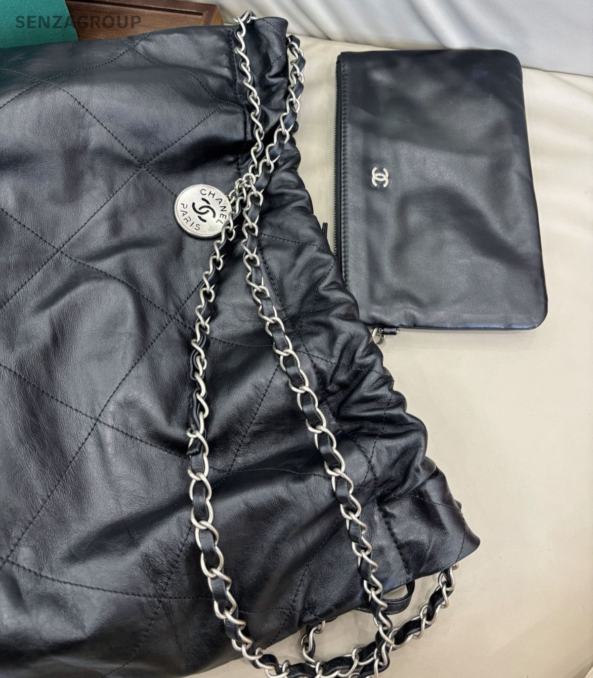 Chanel 22Bag GM Chain Shoulder Bag Crossbody Black Silver Diamond Women Classic