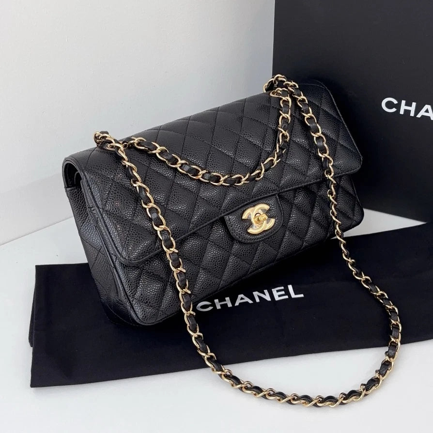 Excellent Chanel Classic Flap MM Gold Chain Black Diamond Shoulder Bag Crossbody