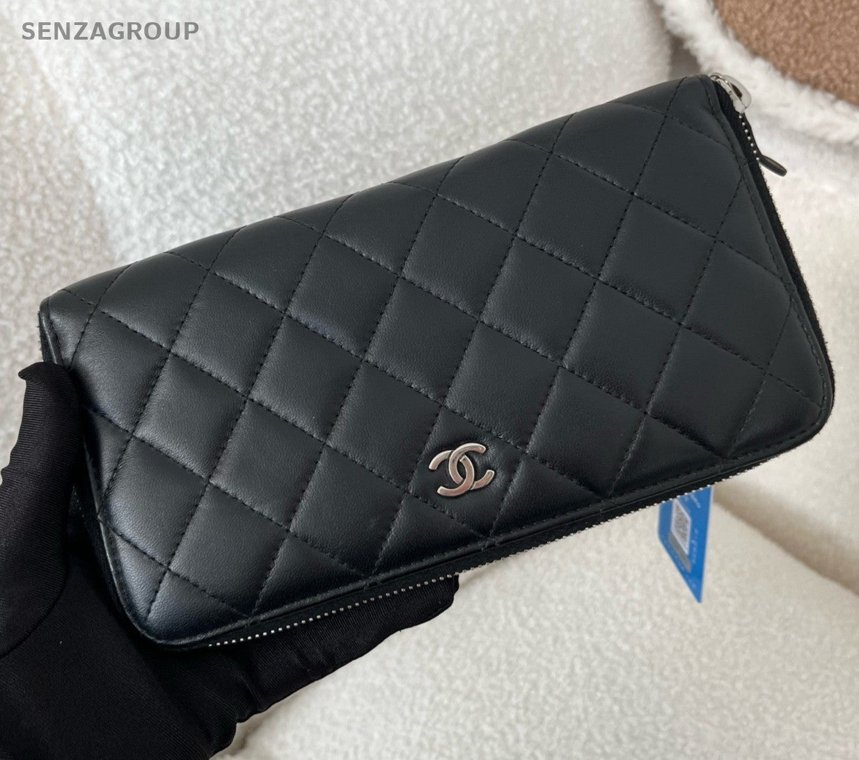 Chanel Diamond Lambskin Clutch Wallet Black Silver Women Classic