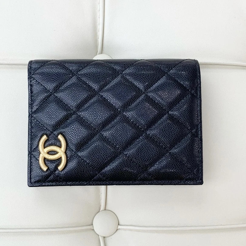 Chanel Diamond Passport Holder Logo Calfskin Black Gold Hardware Unisex S