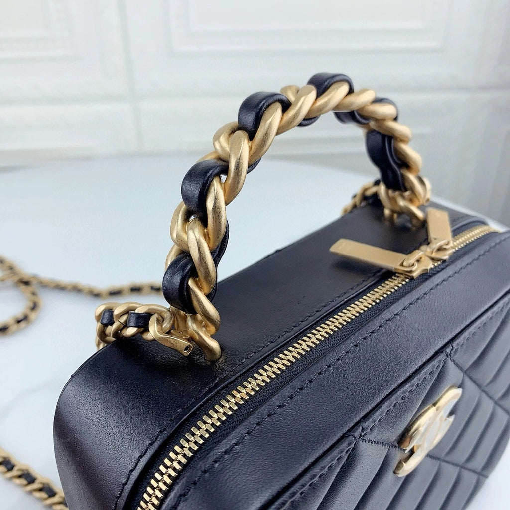 CHANEL Black Gold Lambskin Crossbody Handbag Vanity Bag For Women