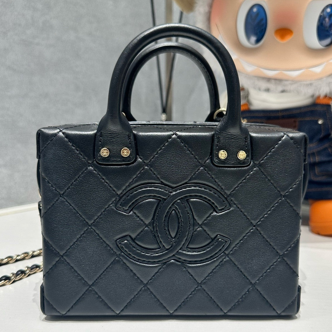 Chanel Black Calfskin Camera Box Bag Chain Strap Shoulder Bag