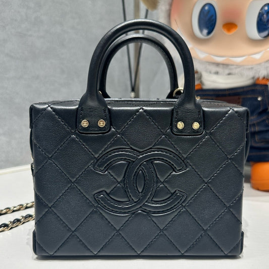 Chanel Black Calfskin Camera Box Bag Chain Strap Shoulder Bag